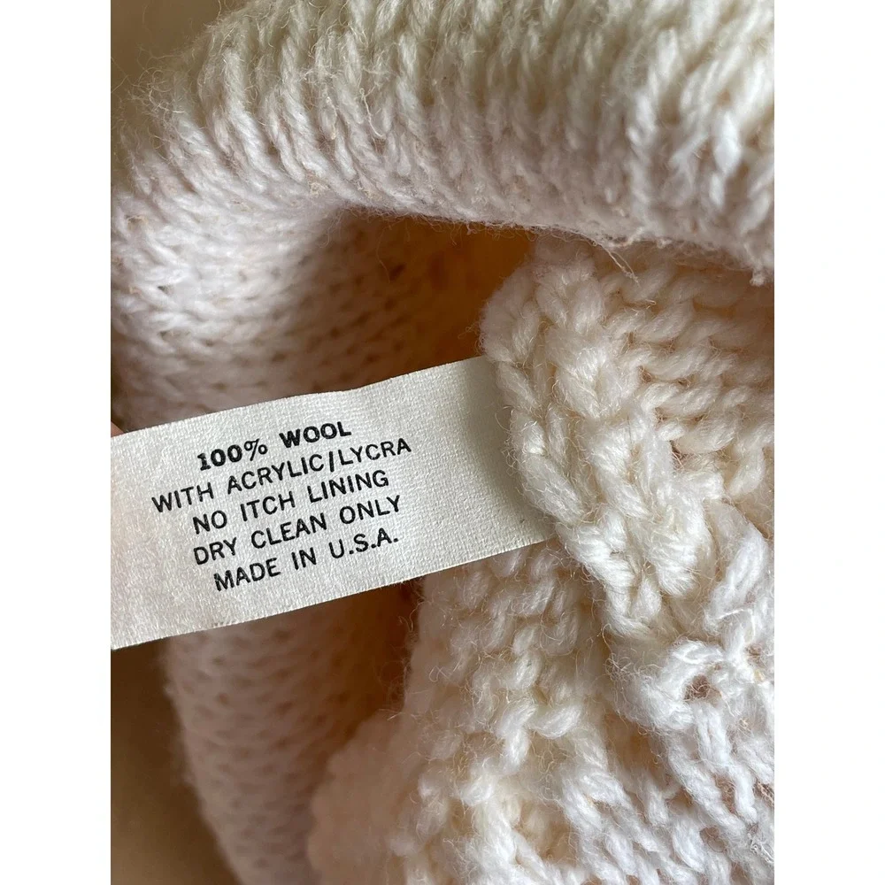 100% Wool Made In USA Cream Off-White Ivory Beanie Cap Winter Hat Warm One Size